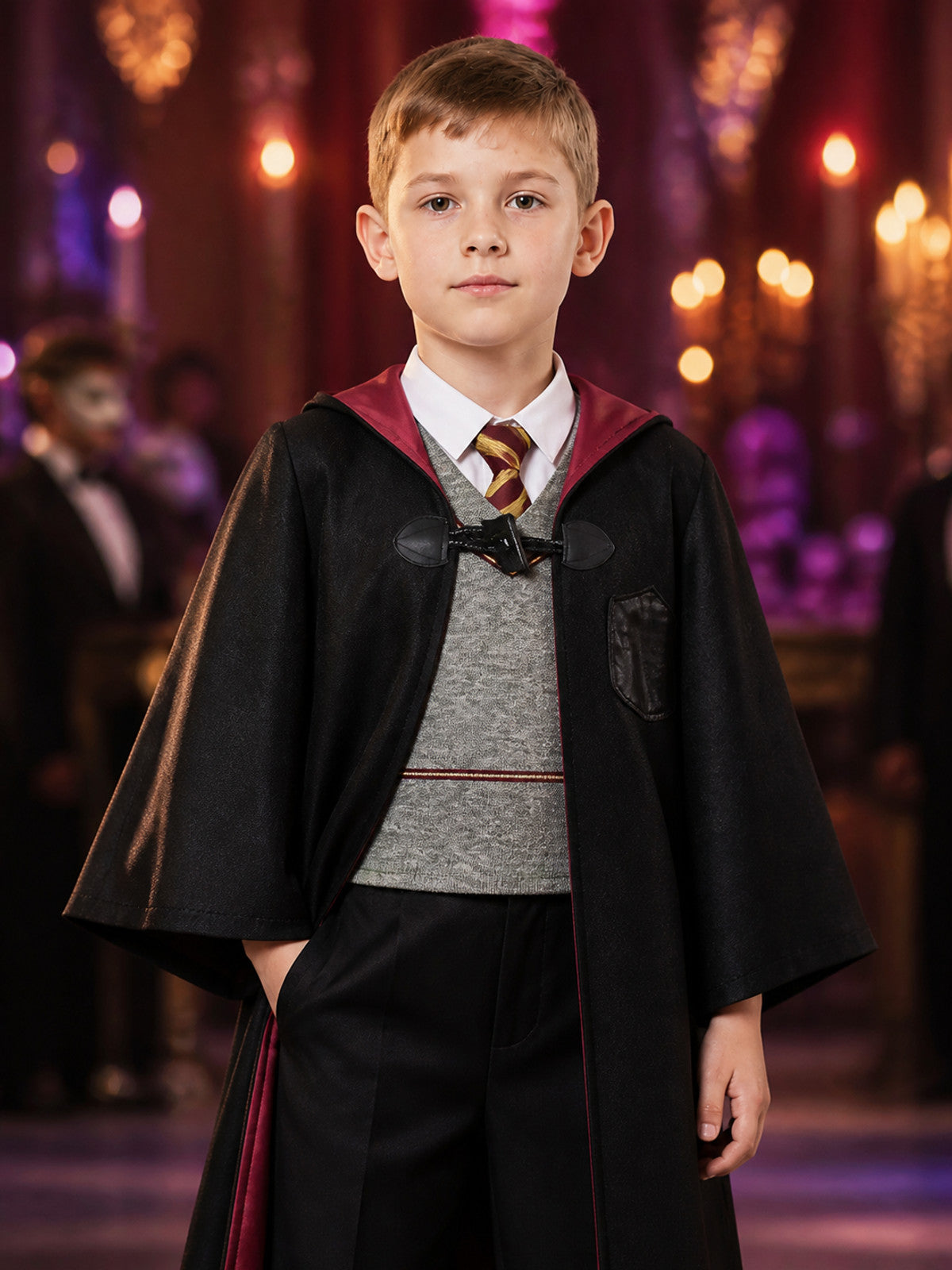 Kids Wizard Costume Set, Hooded Cape, Vest and Pants with Red-Gold Trim for on-model view