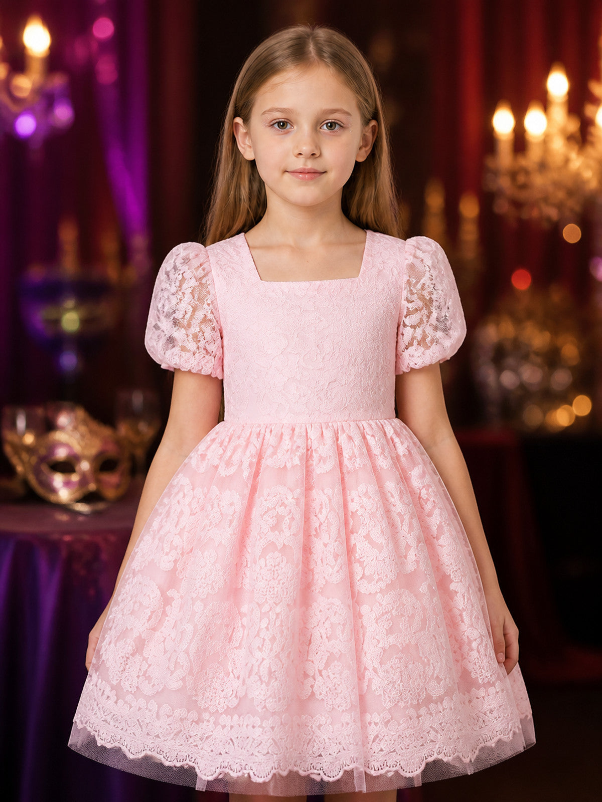 Girls' Pink Lace Princess Dress, Square Neck, Floral Pattern, Puff Skirt on-model view
