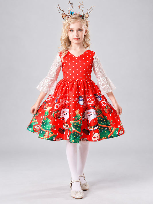 Red girls' Christmas dress with lace sleeves