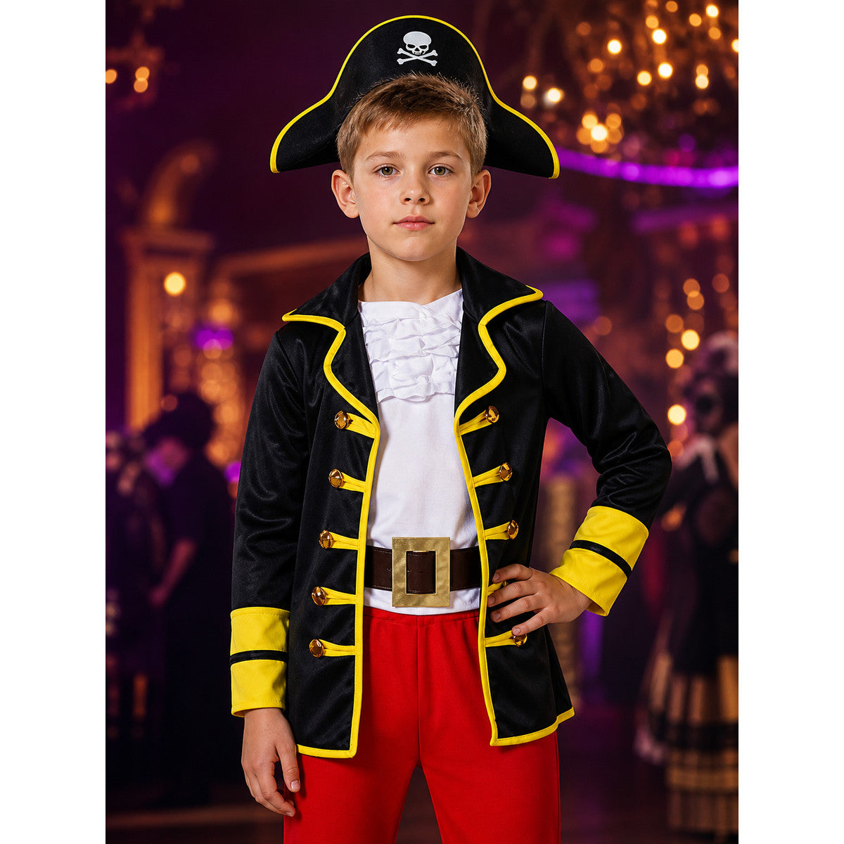 Boys Pirate Halloween Costume Set with Tricorn Hat and Skull Print on-model view