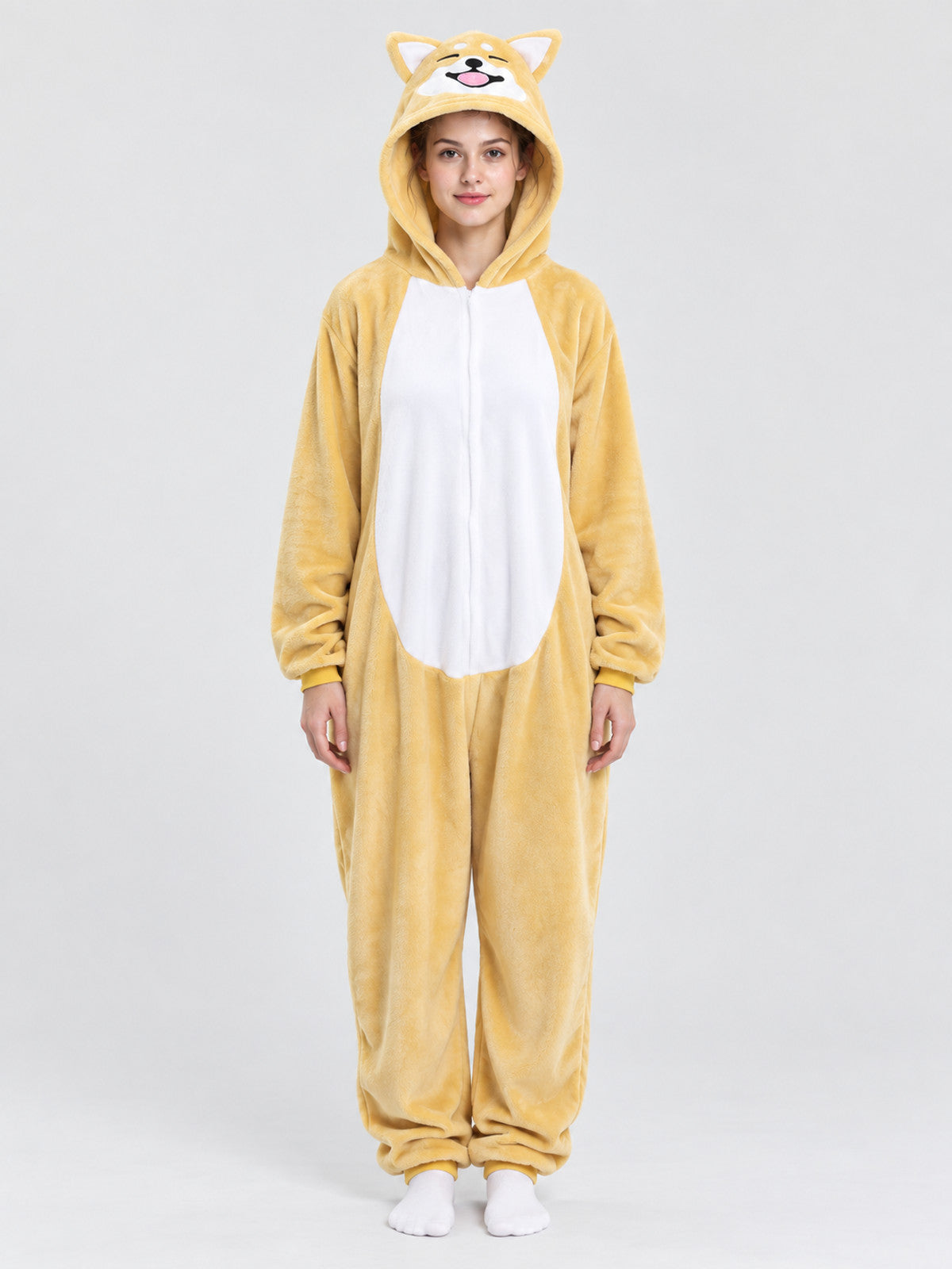Plush yellow-beige kigurumi pajama with hood and ears