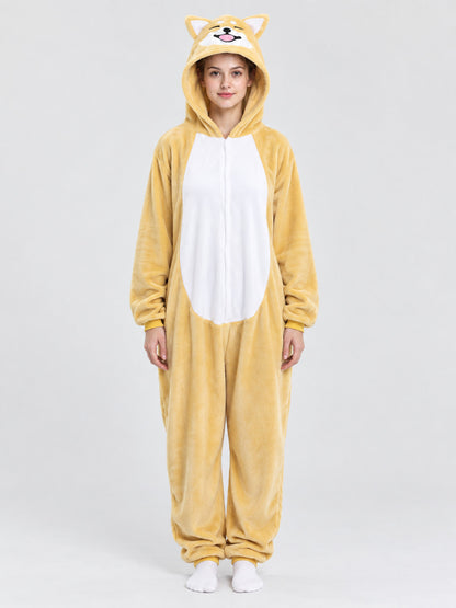 Plush yellow-beige kigurumi pajama with hood and ears