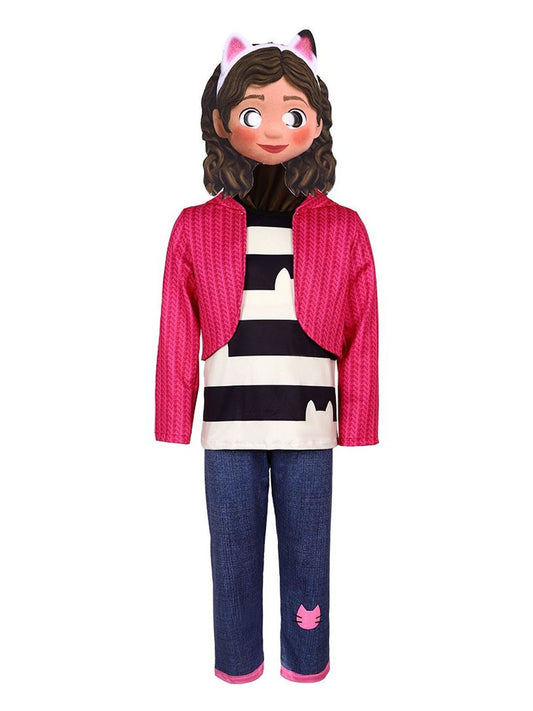 Girls' Gabby costume set on a mannequin, front view: printed hood mask, pink hooded jacket, striped cat T-shirt and denim-print pants