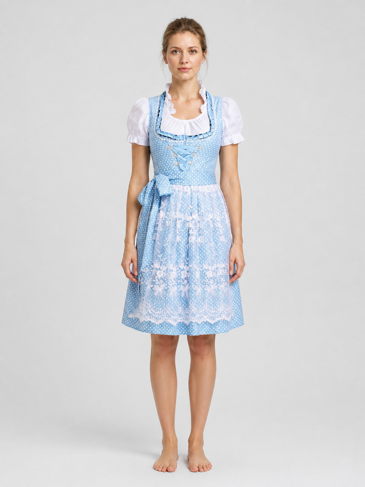Blue and White Bavarian-Style Dress with Lace Trim on-model view