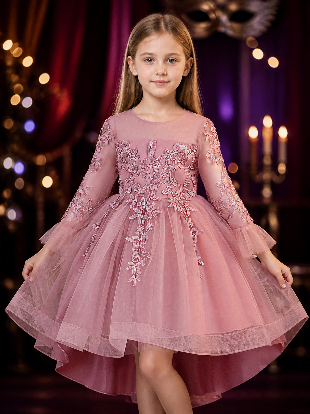 Girls' Princess Formal Dress, Long Sleeve Floral Embroidered Layered Tulle Skirt on-model view
