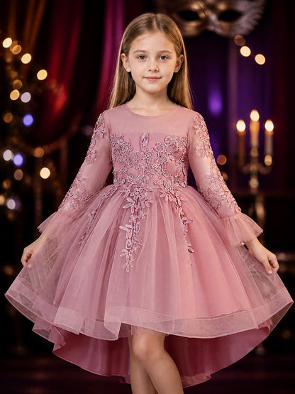 Girls' Princess Formal Dress, Long Sleeve Floral Embroidered Layered Tulle Skirt on-model view