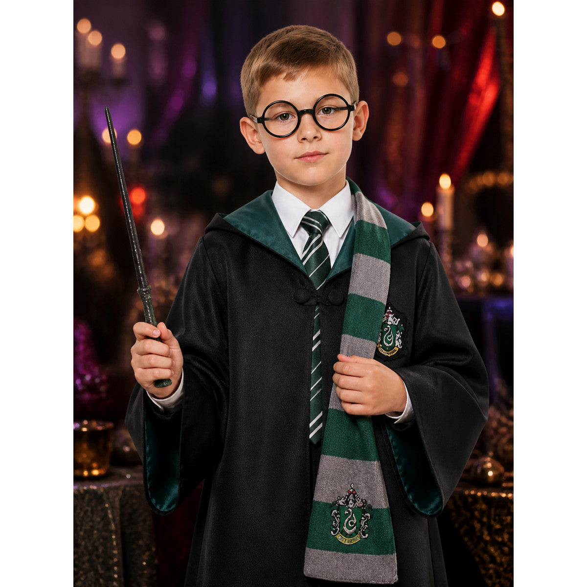 Kids Wizard Robe Costume Set, Dark Green Hooded Robe with Tie Scarf Glasses and
