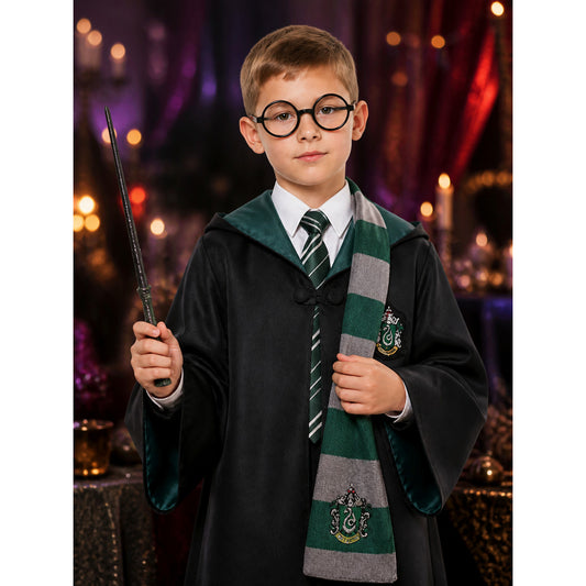 Kids Wizard Robe Costume Set, Dark Green Hooded Robe with Tie Scarf Glasses on-model view