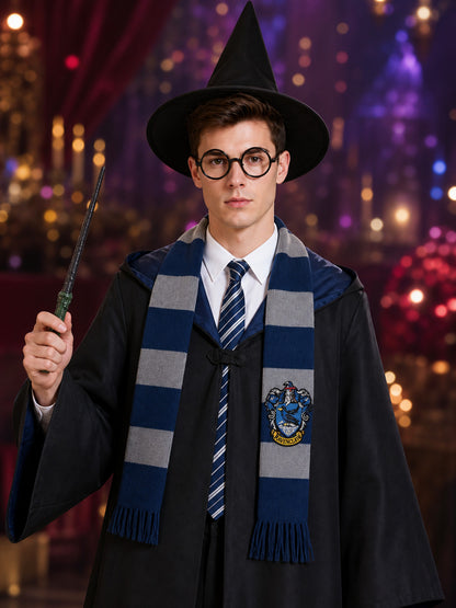 Wizard Robe Costume Set With Hooded Cloak, Shirt, Tie, Scarf, Glasses, Wand And on-model view