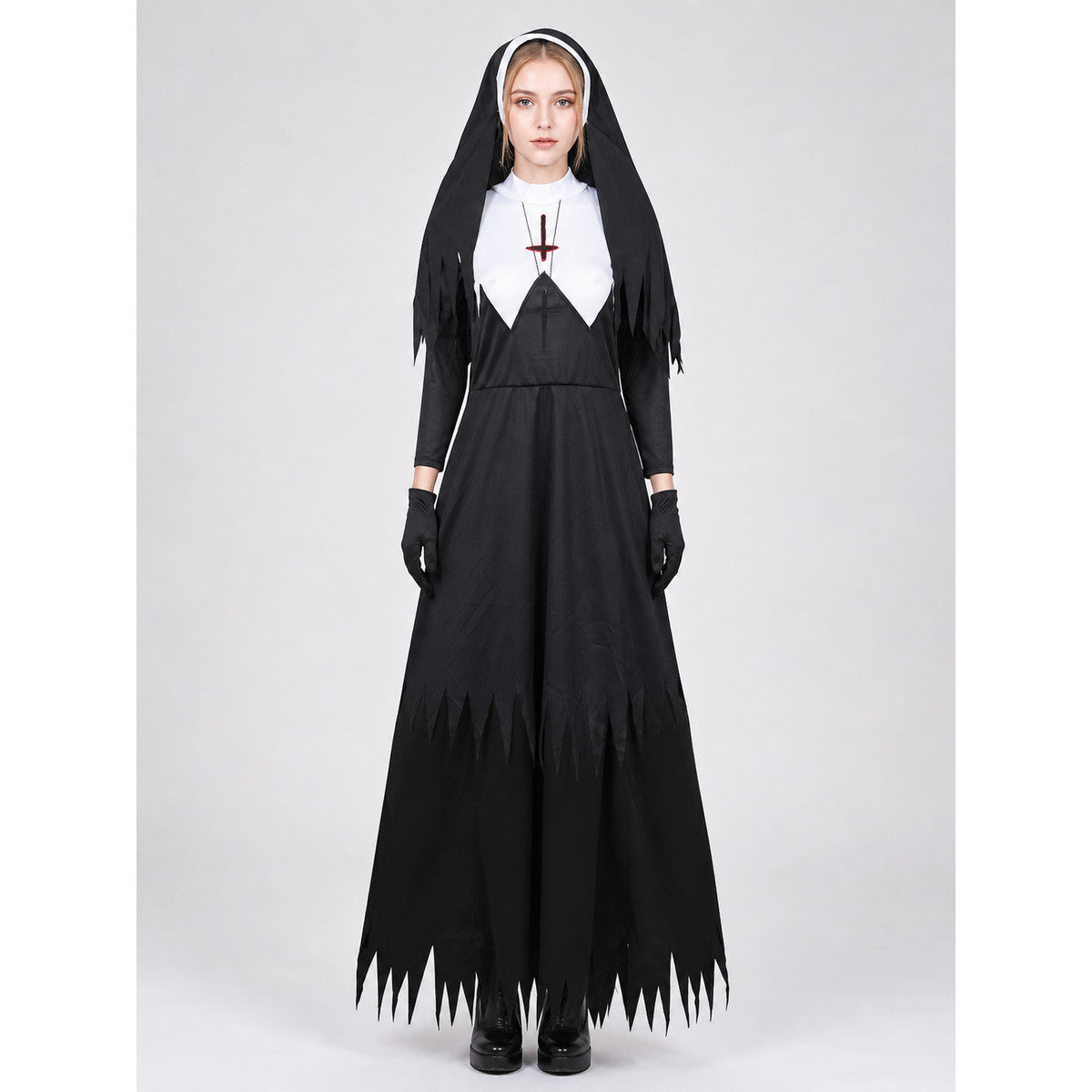 Zombie cosplay costume with a black cassock on-model view