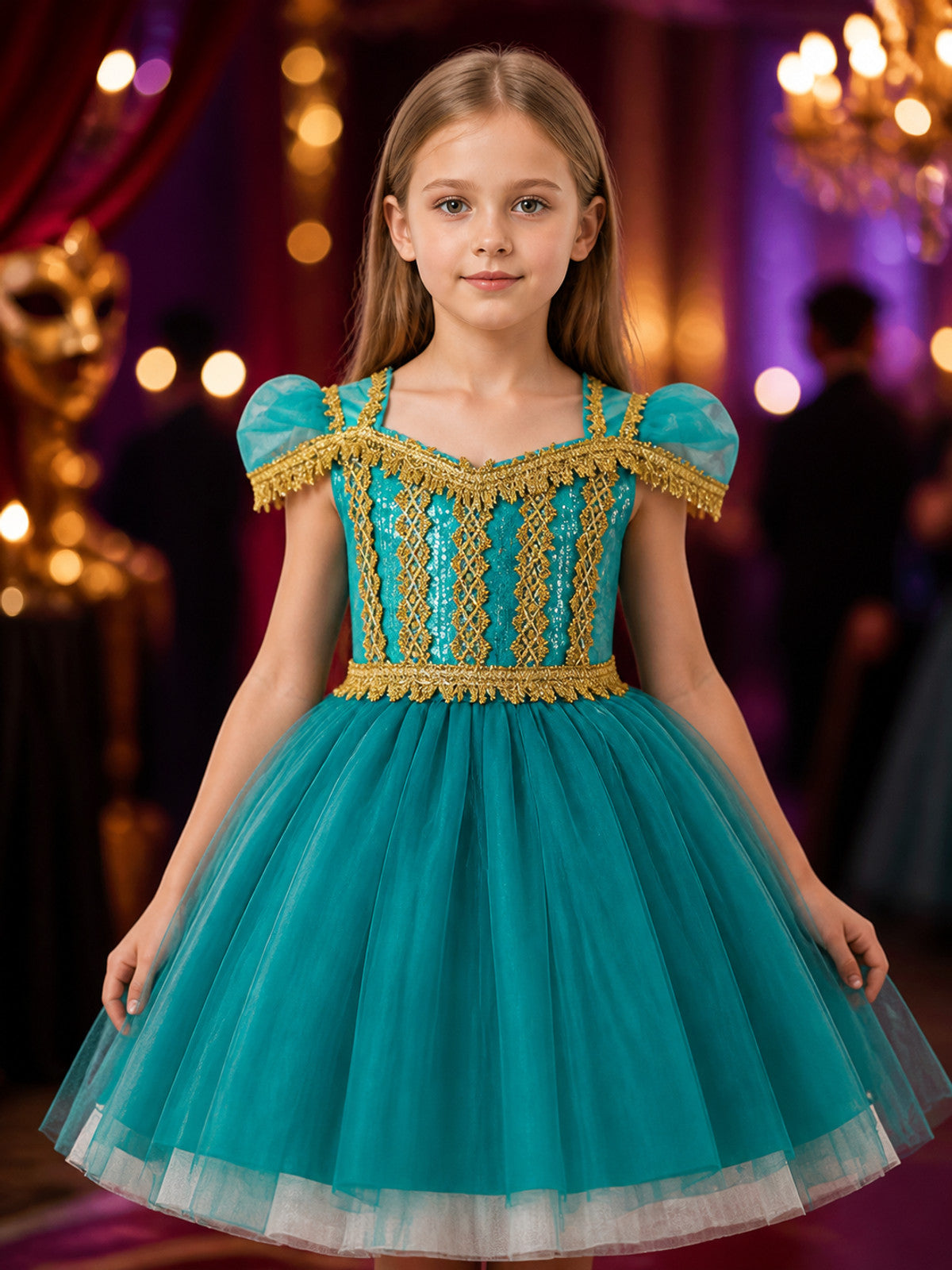 Girls' Princess Costume Dress With Sequined Bodice, Gold Trim And Tulle Skirt on-model view