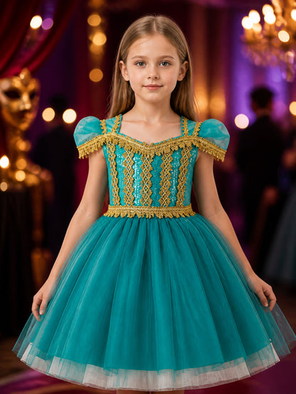 Girls' Princess Costume Dress With Sequined Bodice, Gold Trim And Tulle Skirt on-model view