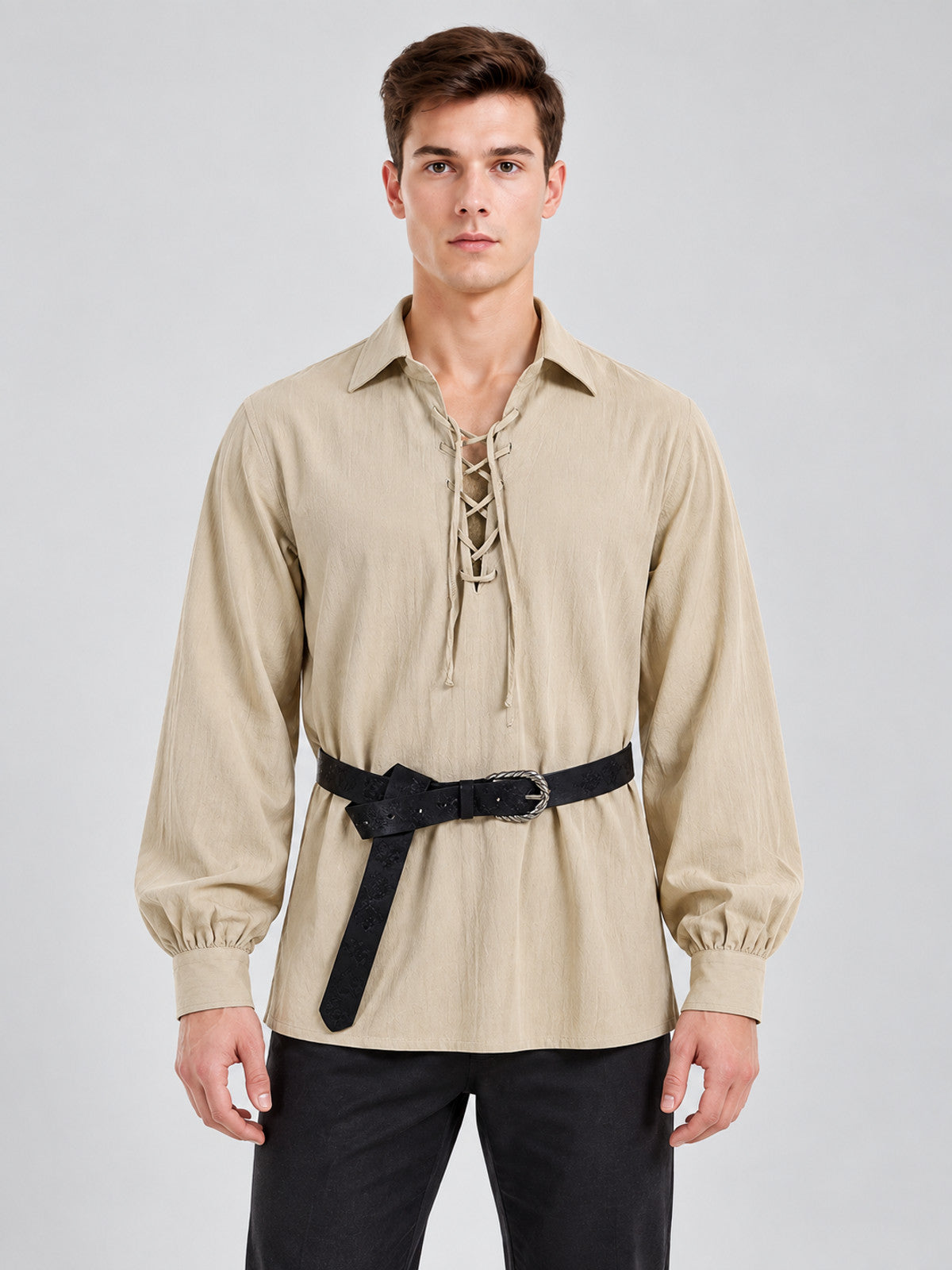 Beige Lace-Up Relaxed-Fit Shirt on-model view