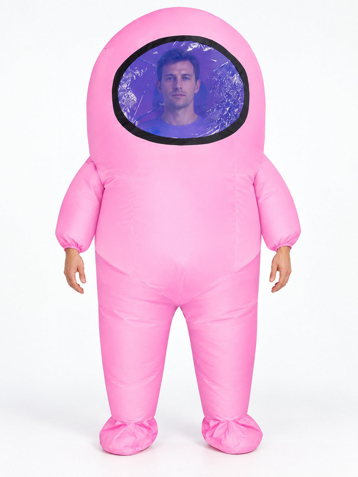 Pink inflatable costume with oval window and black trim