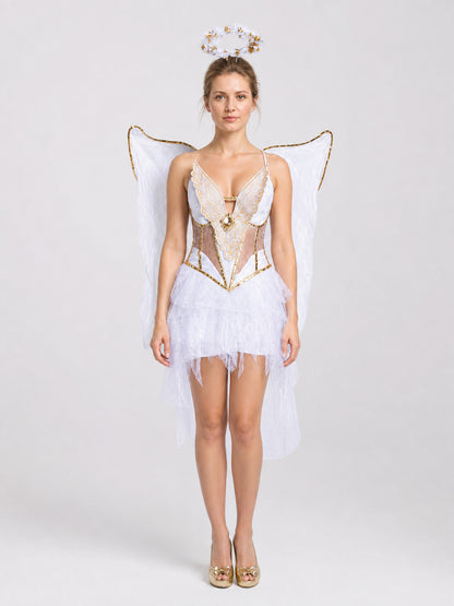 White Angel Costume with Wings and Halo for Halloween, M-XL on-model view