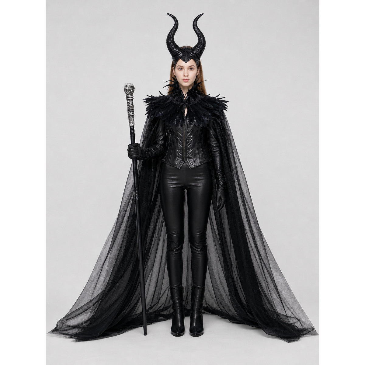 Fantasy Costume with Horns, Mesh Skirt, and Scepter