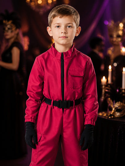 Red Character Workwear Jumpsuit Costume with Belt and Zipper, Halloween Outfit on-model view