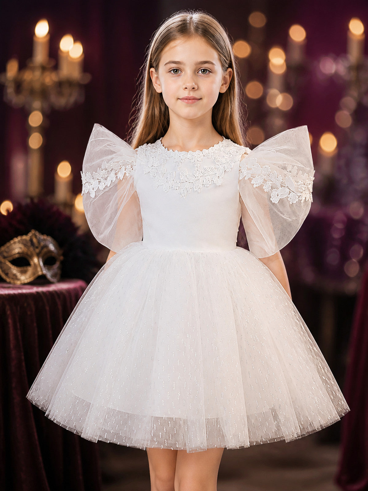 Baby Girls' White Princess Dress, Glitter Stripe Tulle Gown With Lace Appliques on-model view