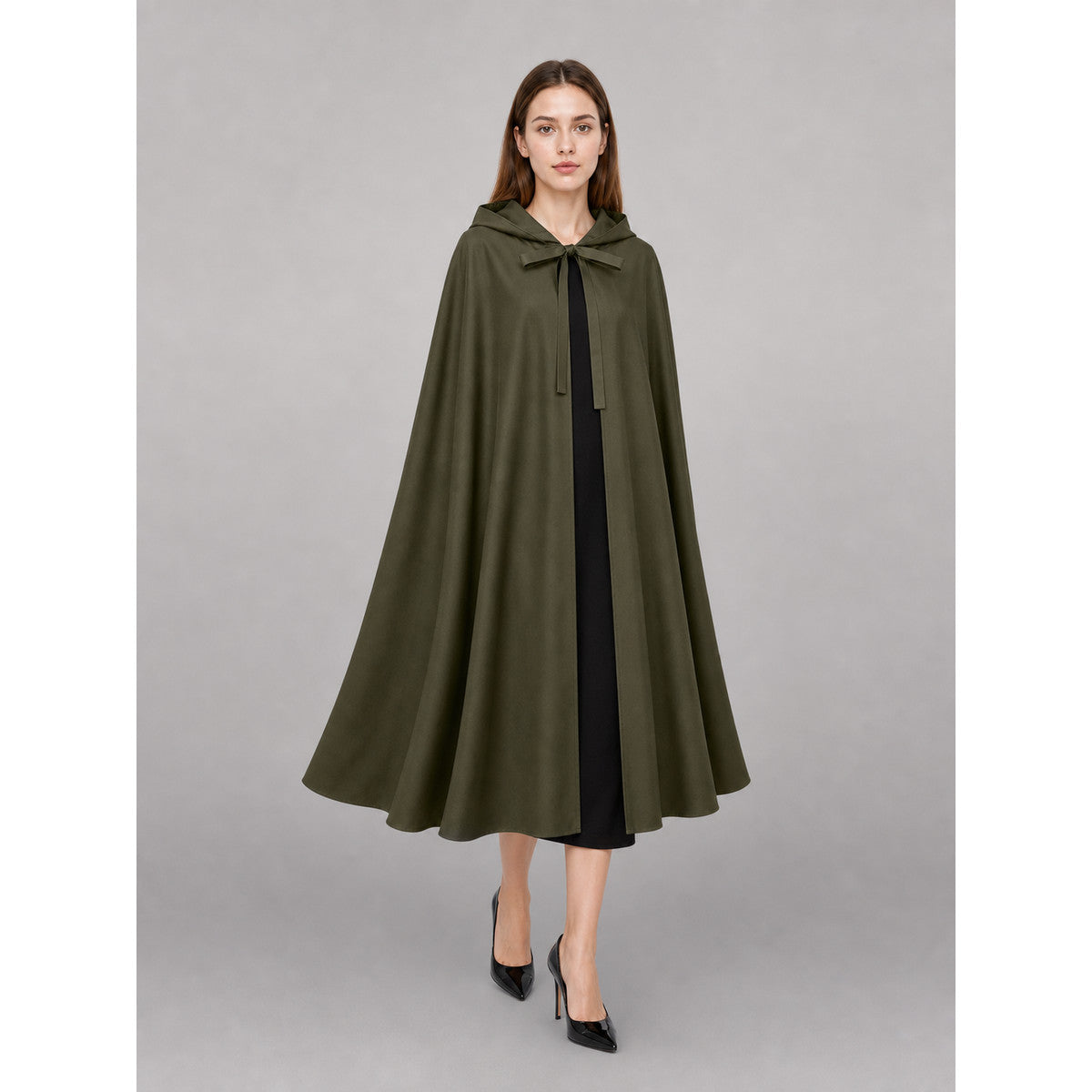 Dark Olive Hooded Costume Cape front view