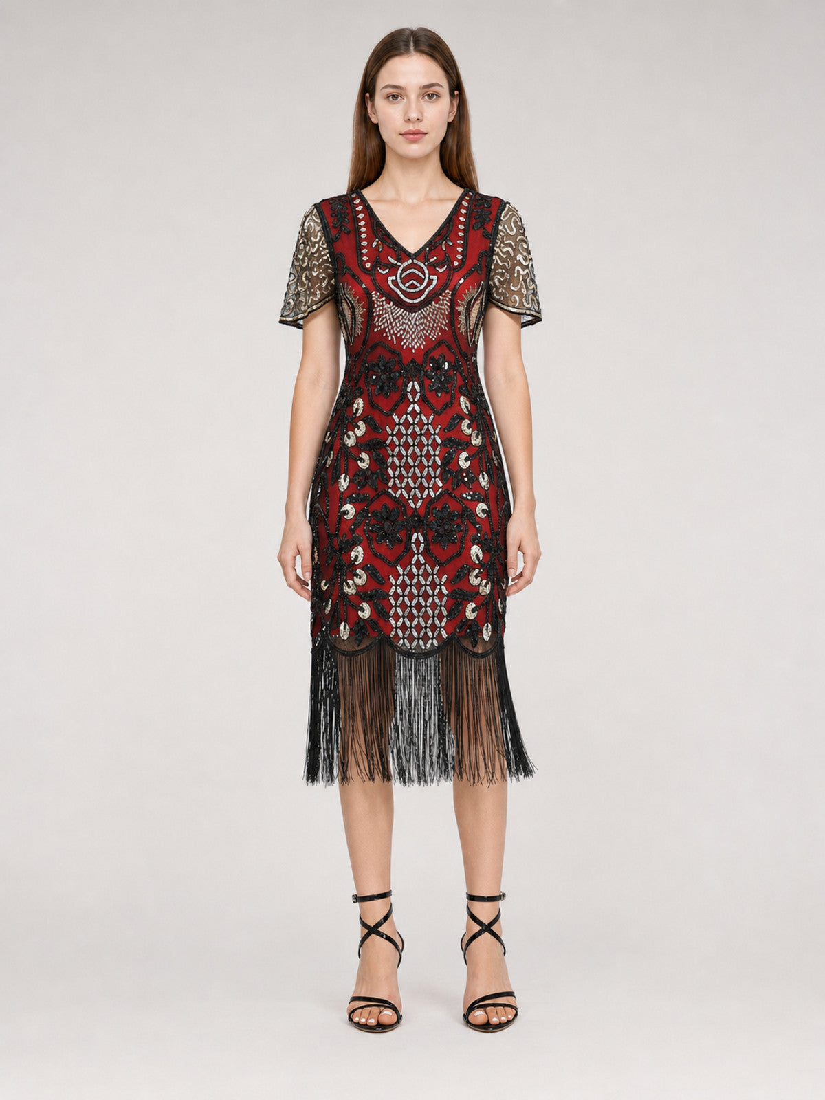 Flapper-Style Dress with Sequins and Fringe front view