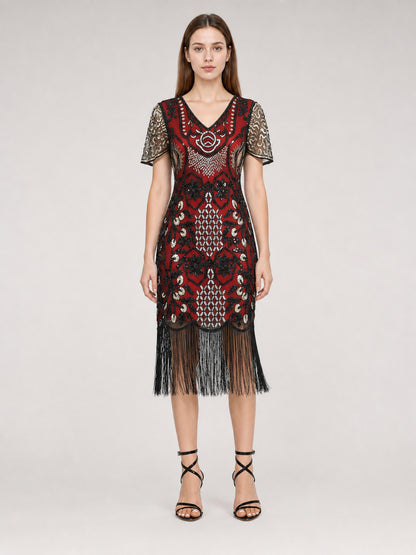 Flapper-Style Dress with Sequins and Fringe front view