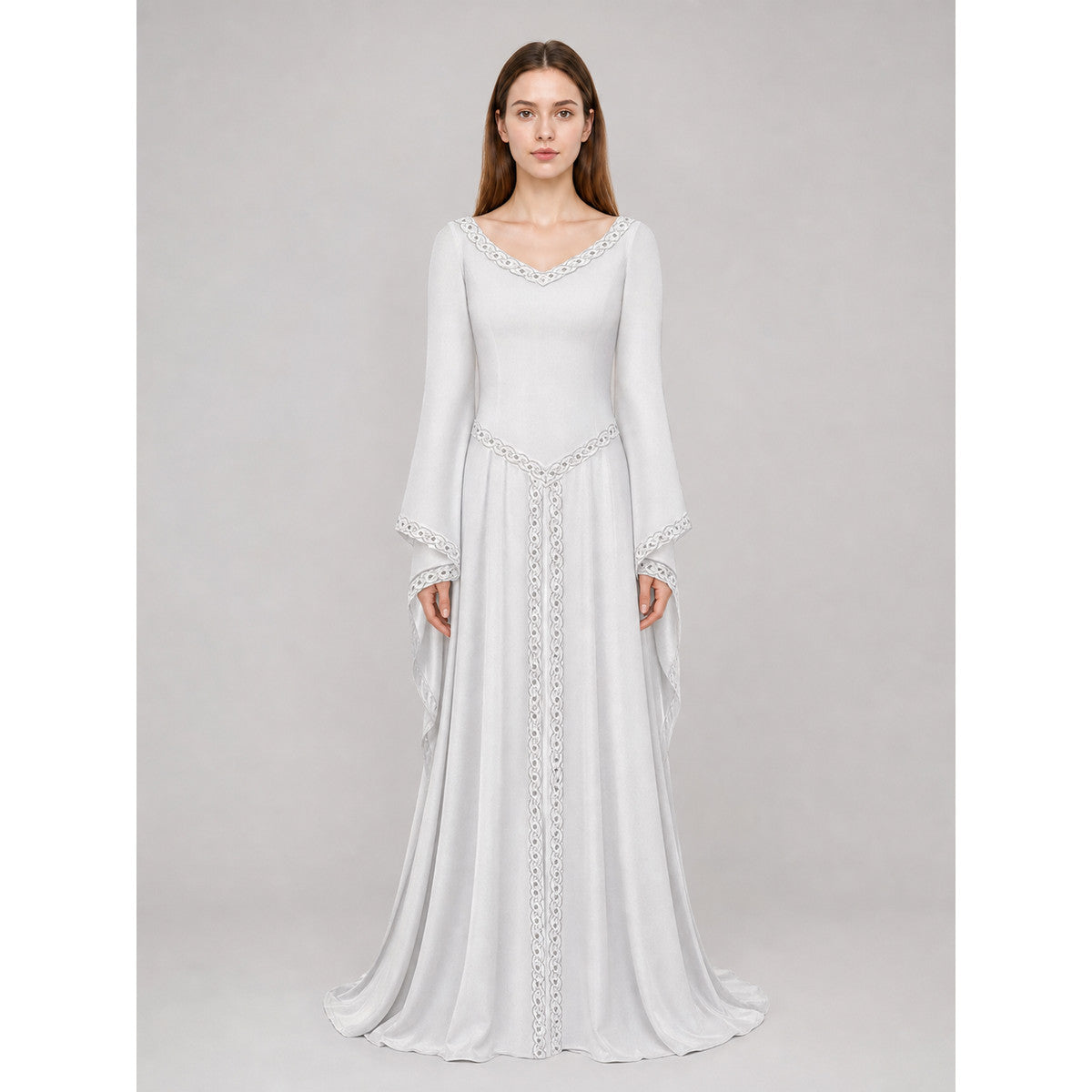 White Maxi Dress with Embroidery and Flared Sleeves