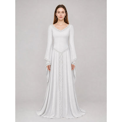 White Maxi Dress with Embroidery and Flared Sleeves
