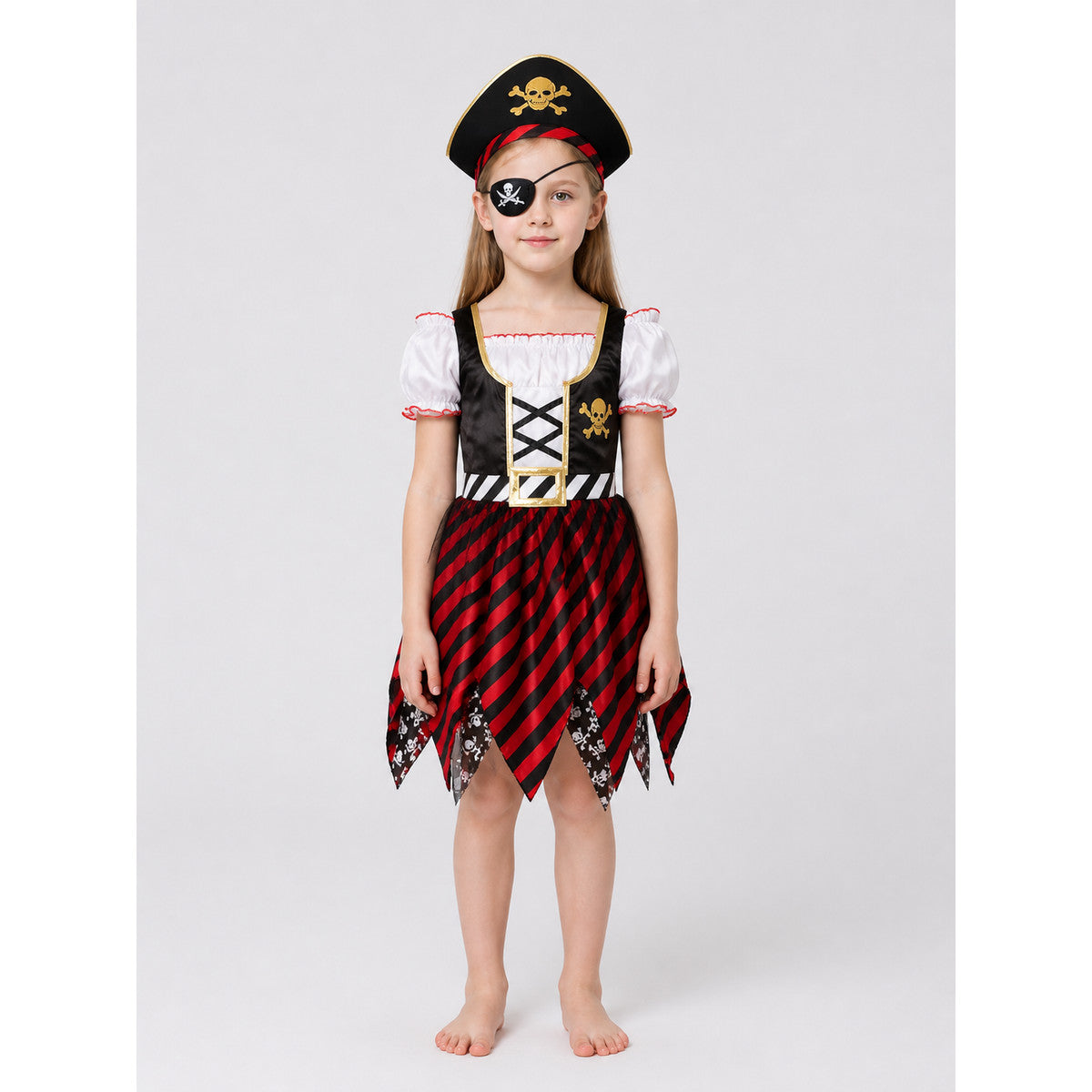 Kids' Pirate Costume: Striped Dress, Hat, and Eyepatch on-model view