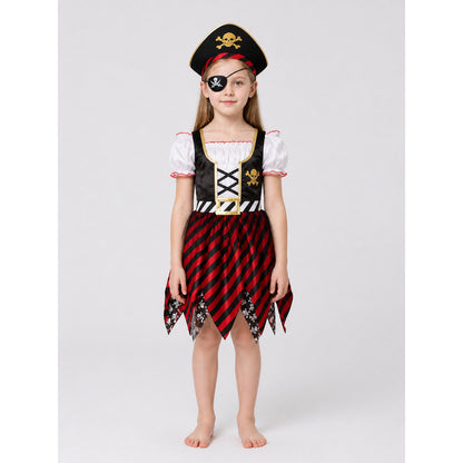 Kids' Pirate Costume: Striped Dress, Hat, and Eyepatch on-model view