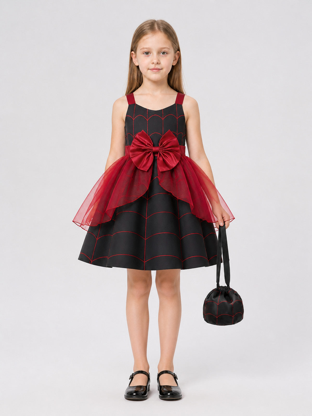 Halloween Dress with Spiderweb Pattern, Bow, and Purse on-model view