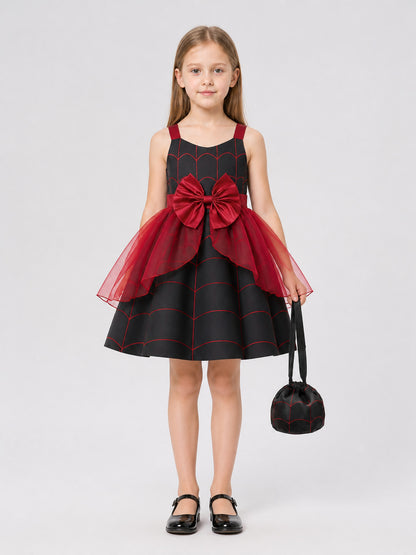 Halloween Dress with Spiderweb Pattern, Bow, and Purse on-model view