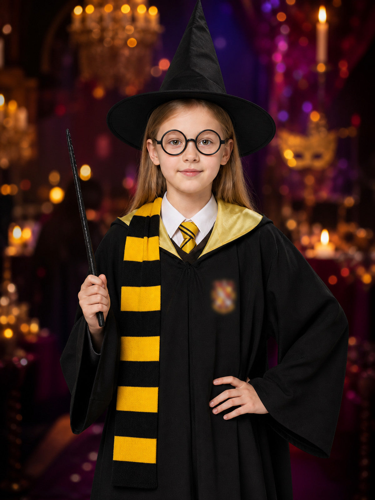 Kids Wizard Robe Costume Set, Hooded Black Cloak With Hat, Scarf, Tie, Glasses on-model view