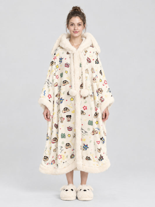Hooded Home Robe Cape with Pom-Poms and Print