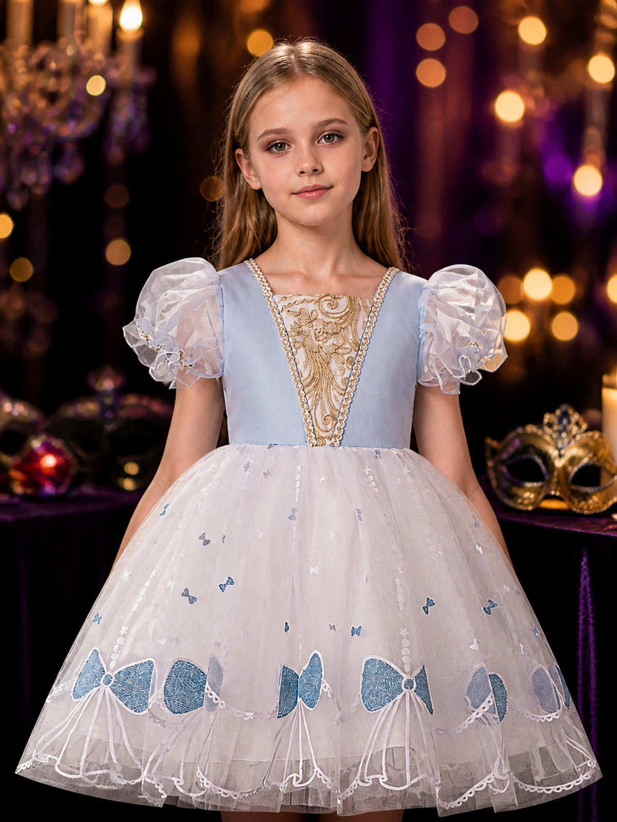 Girls' Sky Blue Princess Dress With Gold Pattern, Puff Sleeves, Layered Organza on-model view