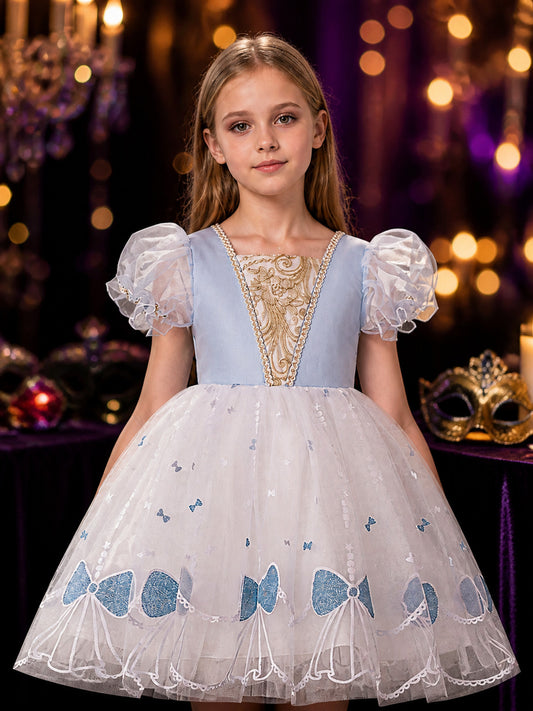 Girls' Sky Blue Princess Dress With Gold Pattern, Puff Sleeves, Layered Organza on-model view