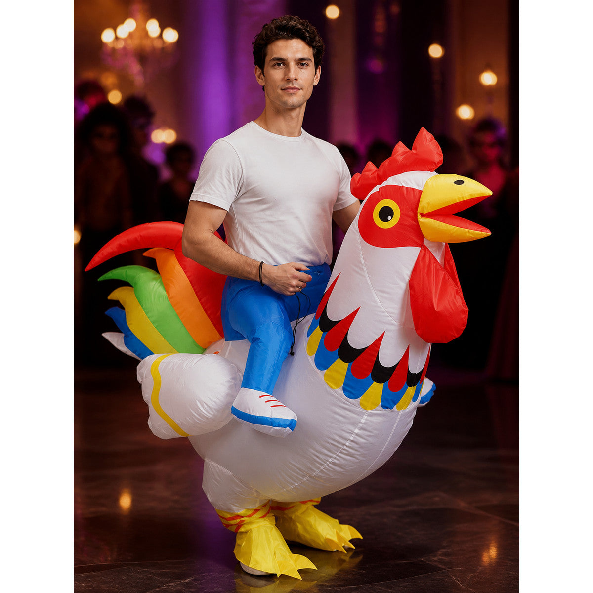 Unisex Inflatable Rooster Costume, Red White Chicken Cosplay Outfit for on-model view