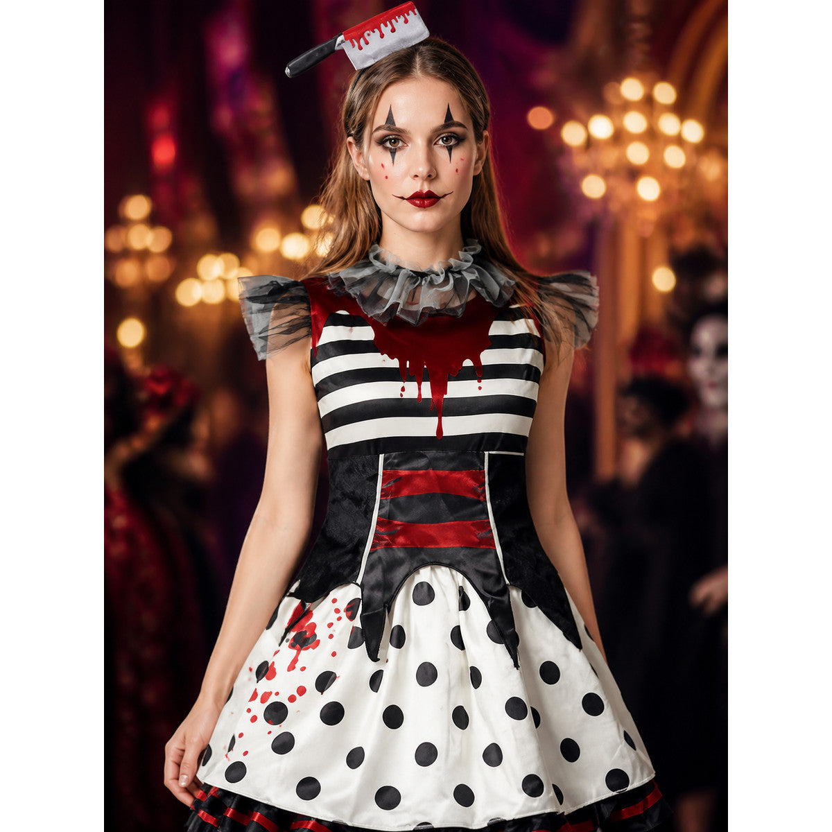 Adult Clown Costume Dress, Black White Striped Ruffle Gown with Blood Print on-model view