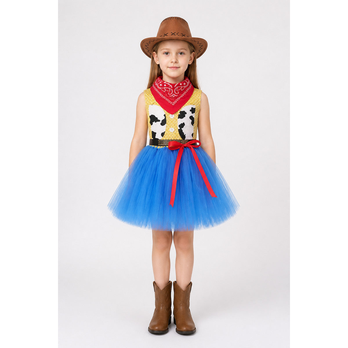 Children’s cowgirl costume with a tutu skirt, hat, and neckerchief