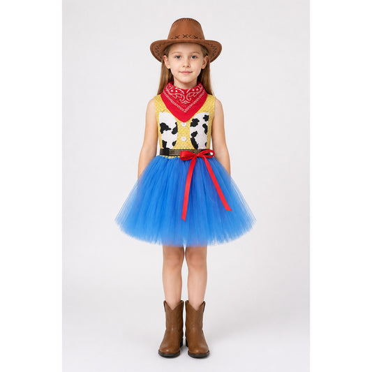Children’s cowgirl costume with a tutu skirt, hat, and neckerchief main product view