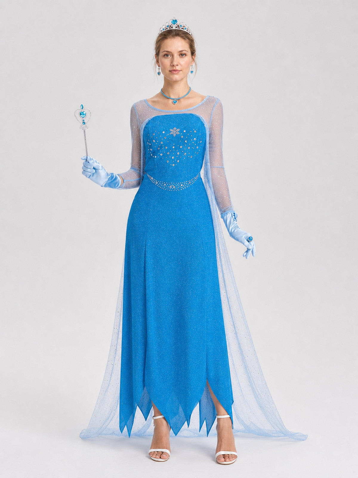 Elsa Blue Long Dress with Crown and Accessories on-model view