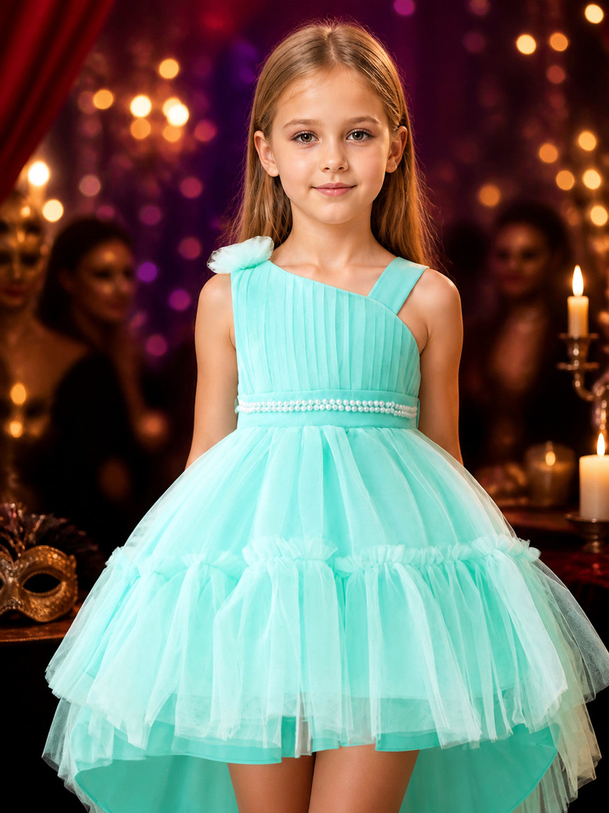 Girls' Mint Green Princess Dress, One-Shoulder Tulle Gown With Pearl Waist on-model view