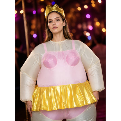 Womens Cartoon Mouse Inflatable Costume, Funny Blow Up Outfit with Yellow Skirt on-model view