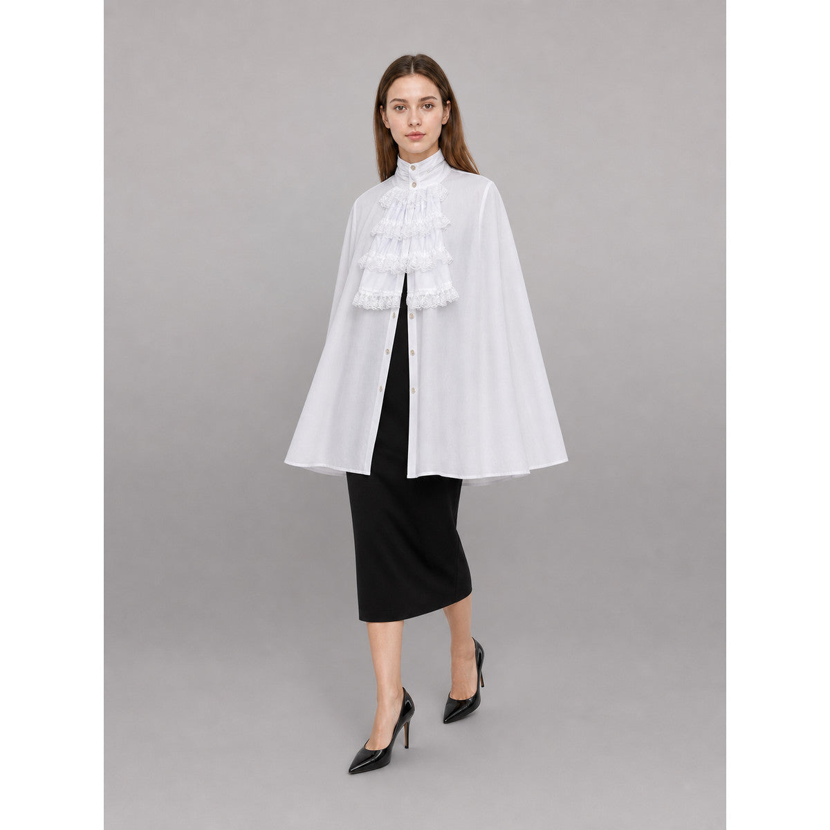 White Blouse with Jabot and Long Sleeves