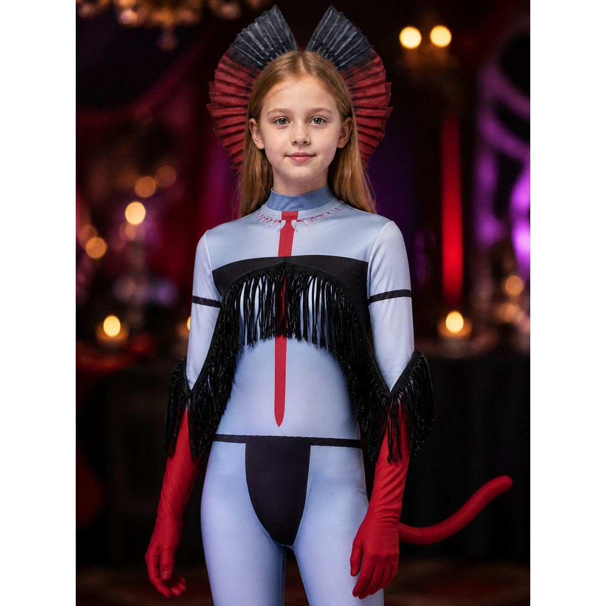 Kids Avatar 3 Volcano Goddess Halloween Bodysuit Costume with Tail on-model view