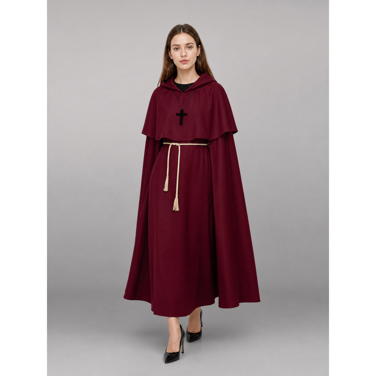 Burgundy Hooded Carnival Cloak for Cosplay front view