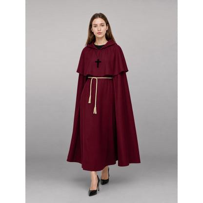 Burgundy Hooded Carnival Cloak for Cosplay front view