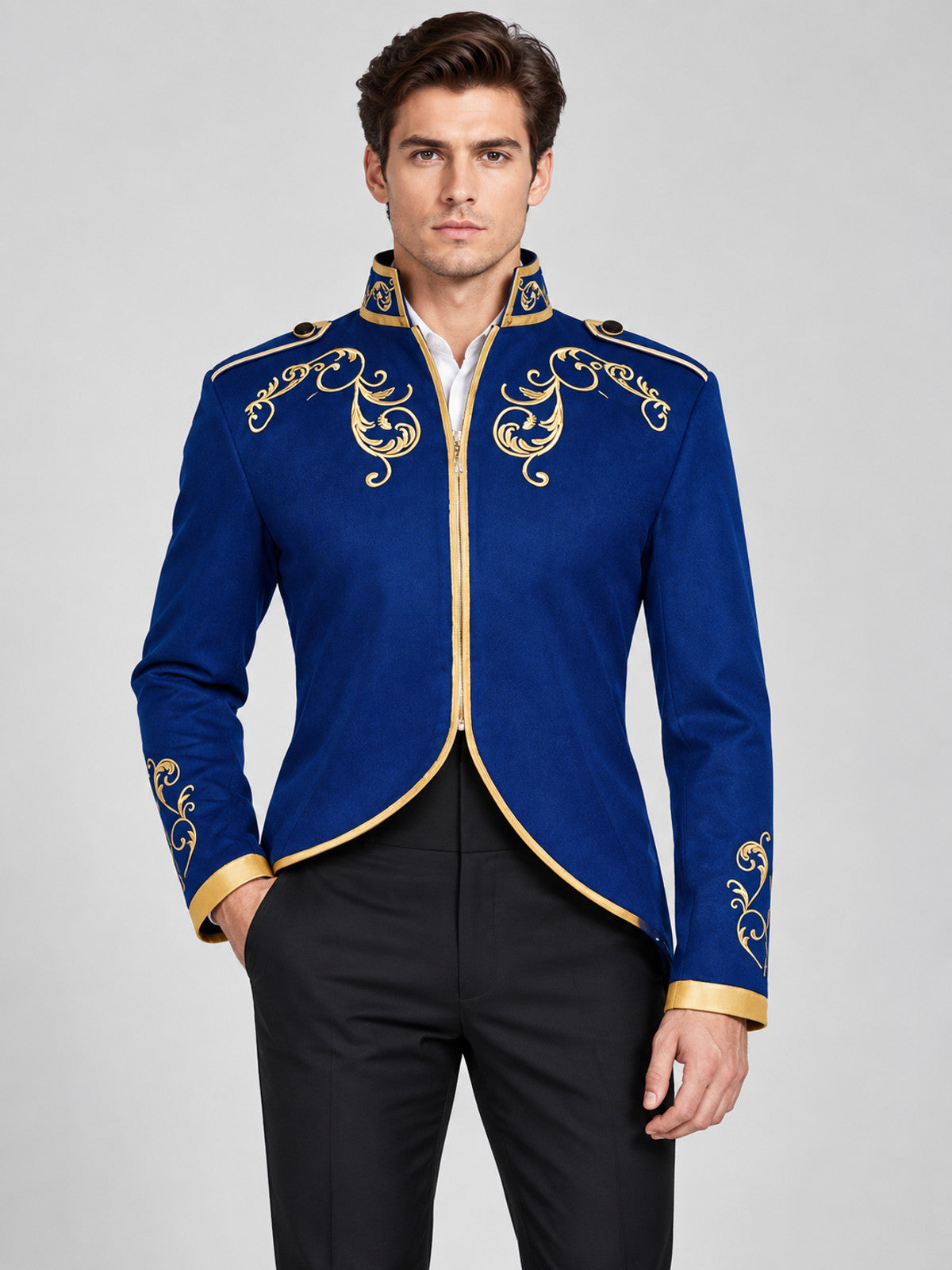 Blue tailcoat with gold embroidery and high collar