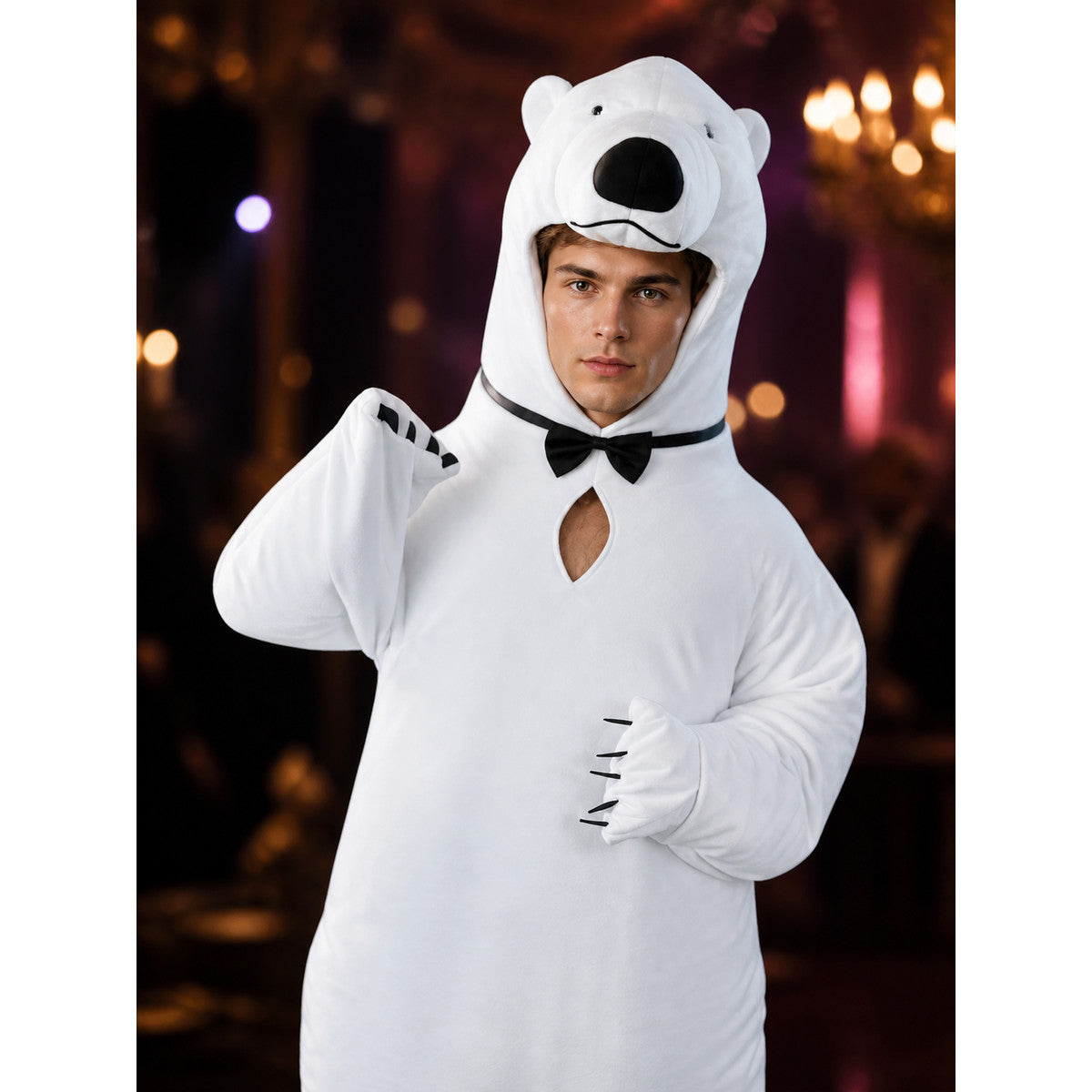 Funny Inflatable Polar Bear Onesie Costume With Black Accents For Halloween And on-model view