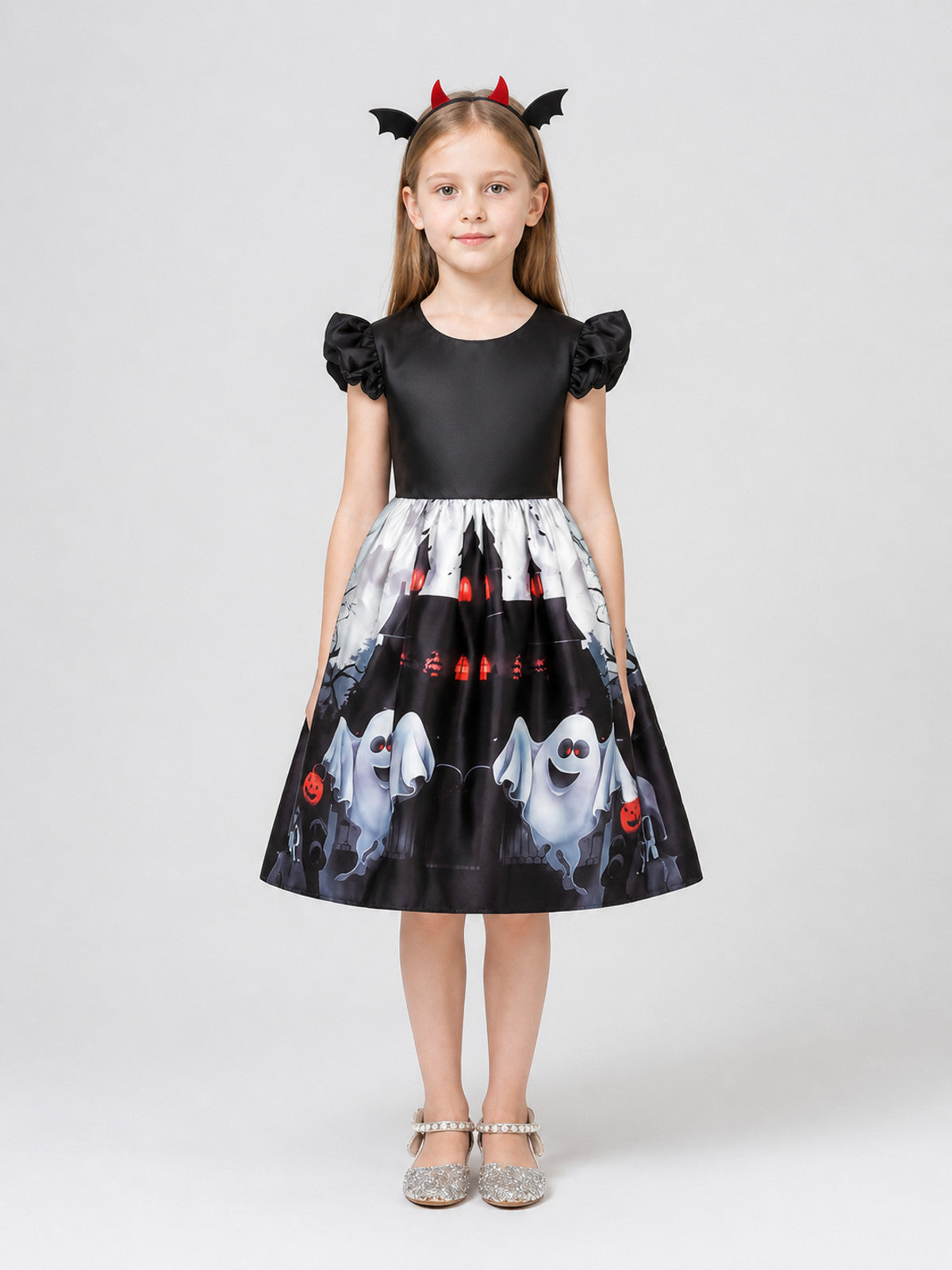 Halloween Dress with Pumpkin, Castle, and Ghost Prints