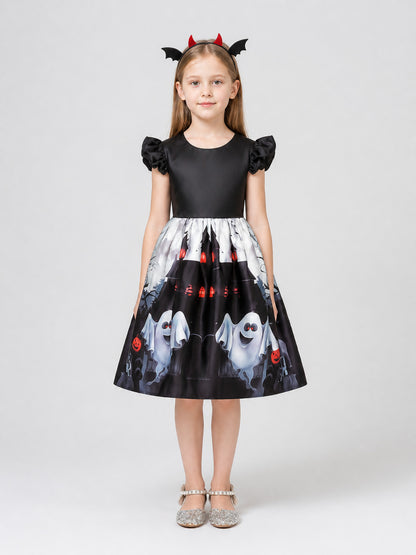 Halloween Dress with Pumpkin, Castle, and Ghost Prints